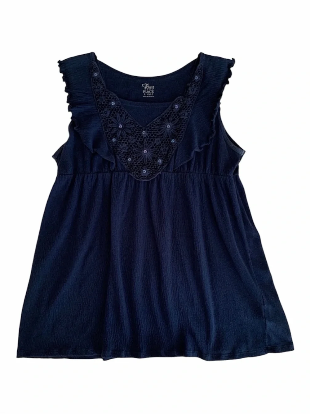 Children's Place Tank Top Girls L 10/12 Navy Blue Crochet Sequin Ruffle Textured